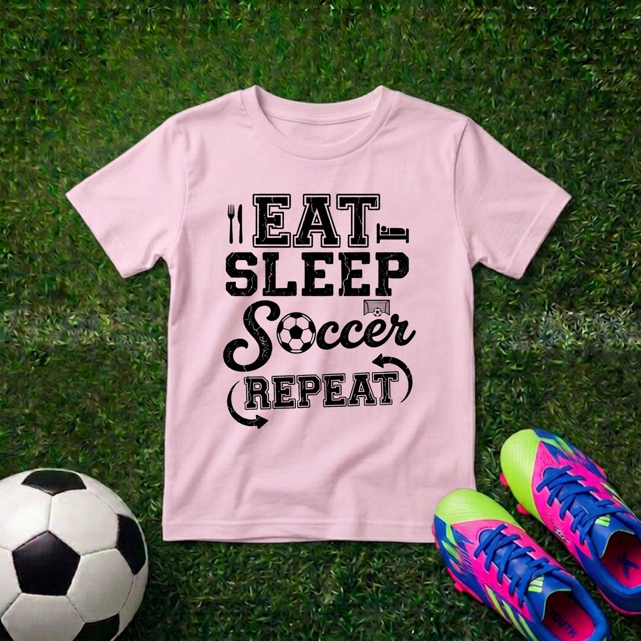 LitSwag Eat Sleep Soccer Repeat Youth Soccer T-Shirt – Light Pink