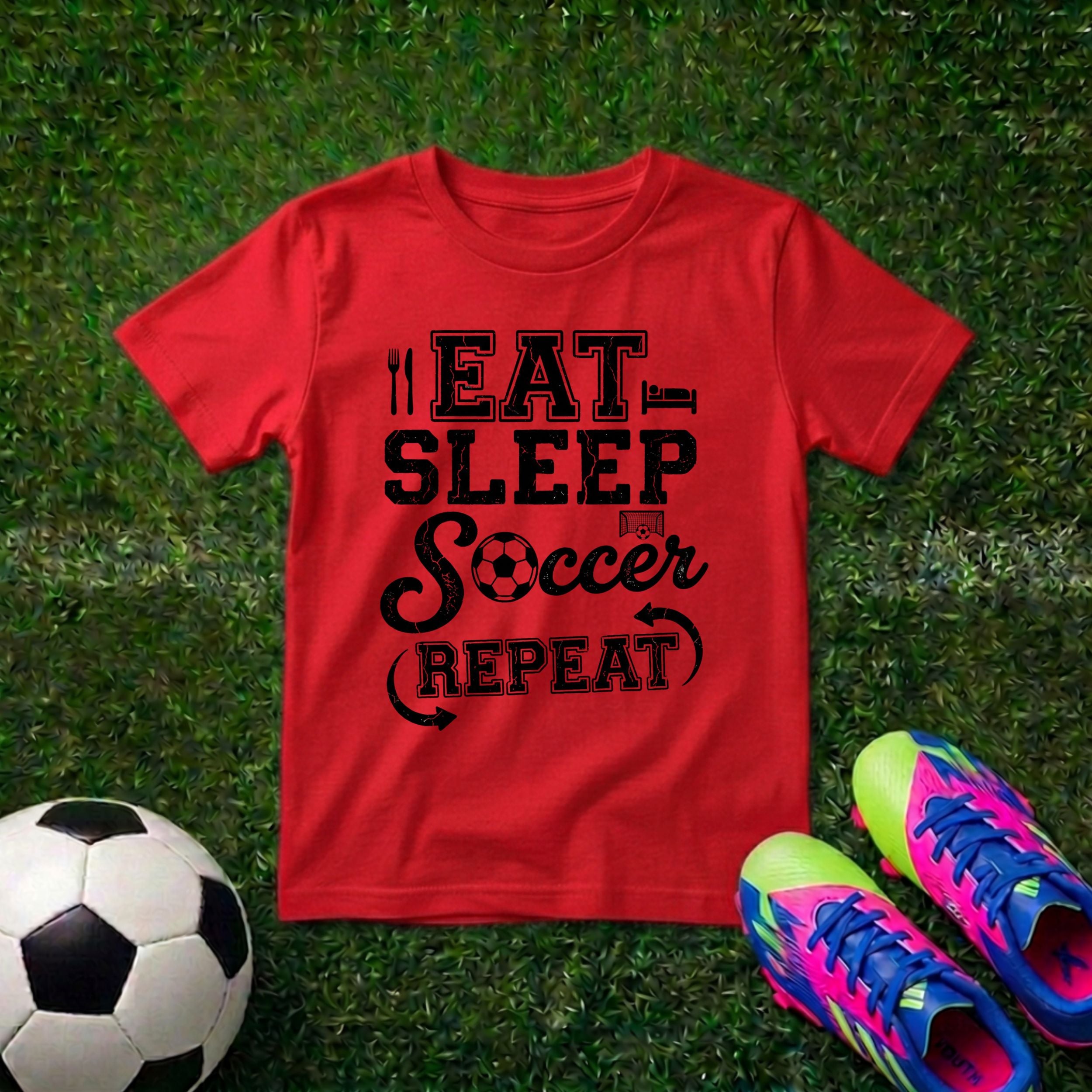 LitSwag Eat Sleep Soccer Repeat Youth Soccer T-Shirt – Red