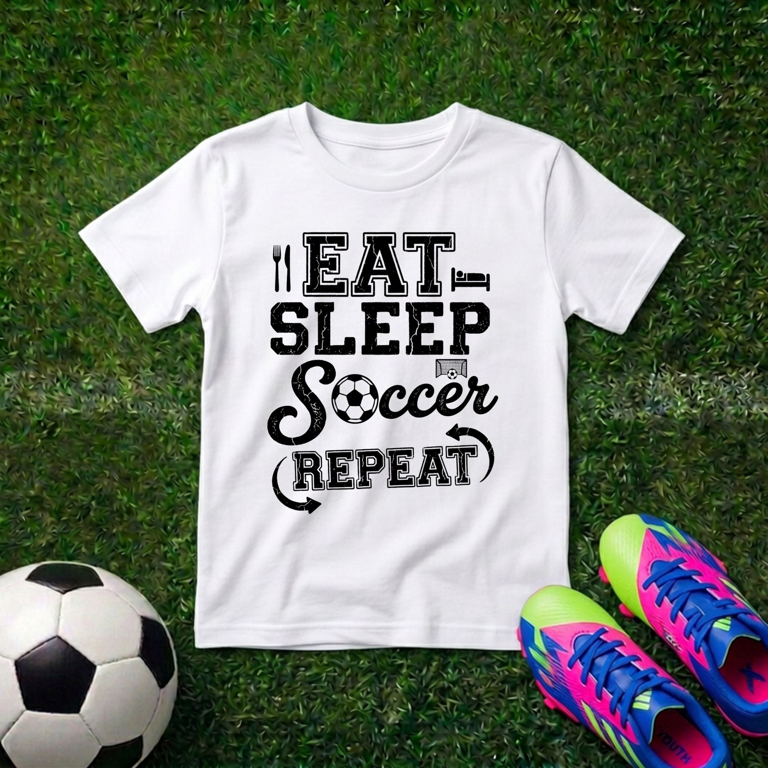 LitSwag Eat Sleep Soccer Repeat Youth Soccer T-Shirt – White