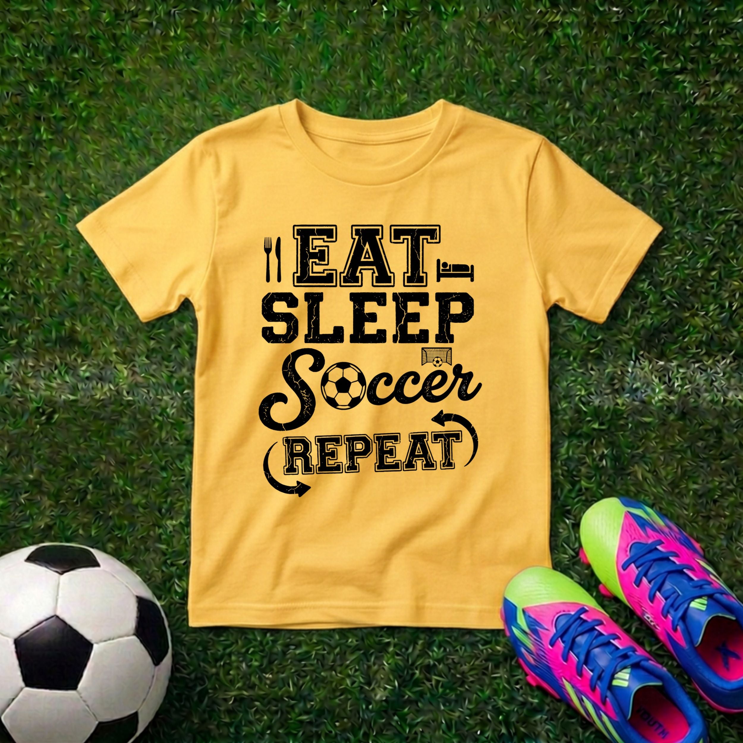 LitSwag Eat Sleep Soccer Repeat Youth Soccer T-Shirt – Yellow